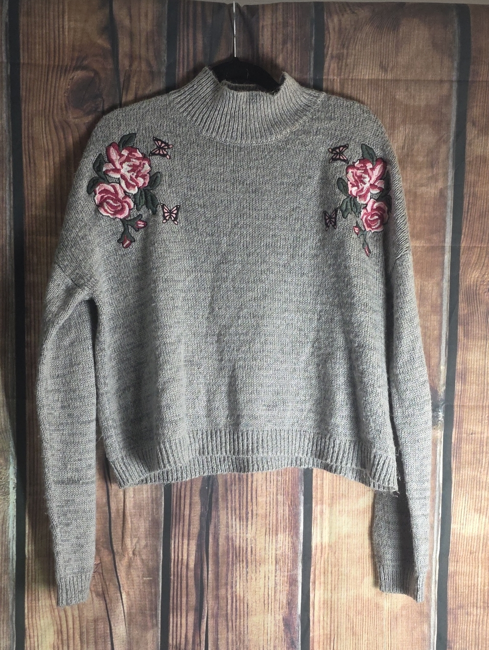 Cloud Chaser XL Gray Mock Neck Sweater with Pink Rose Embroidery